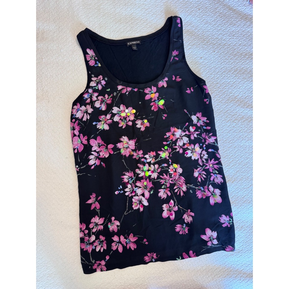 Express Black Floral Sequin Tank Top Pink Cherry Blossom Sleeveless Blouse S